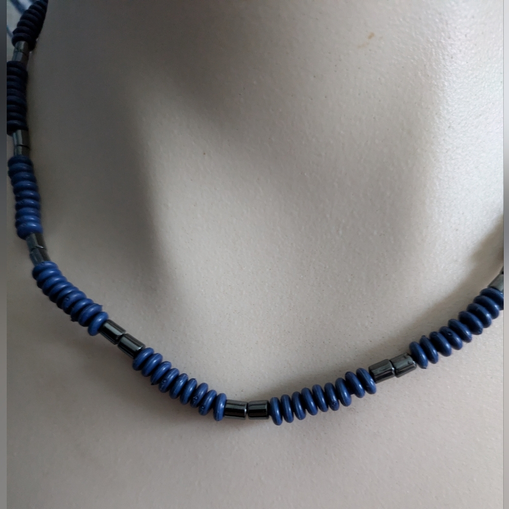 Vintage Blue & Black Beaded Necklace Men Women Unisex Boho Gypsy Coastal Cadual - Picture 3 of 9